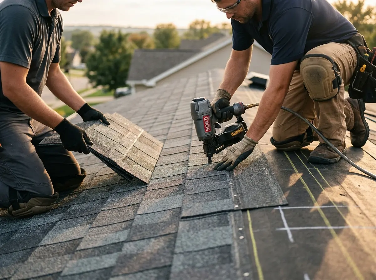 Professional roofer working on a residential roof in Mead Valley